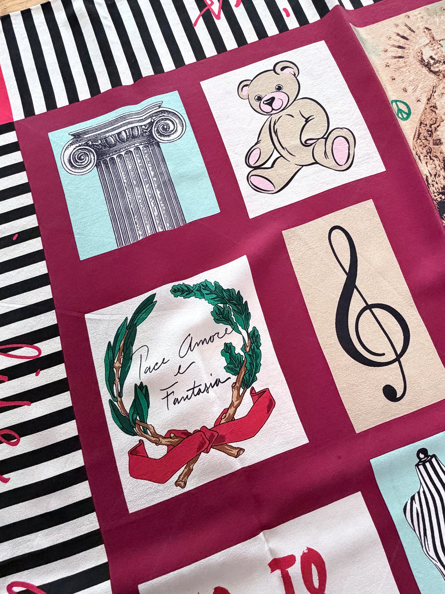 MOSCHINO 1990s Vintage Silk Scarf Insignia & Slogan Print 81x84 cm