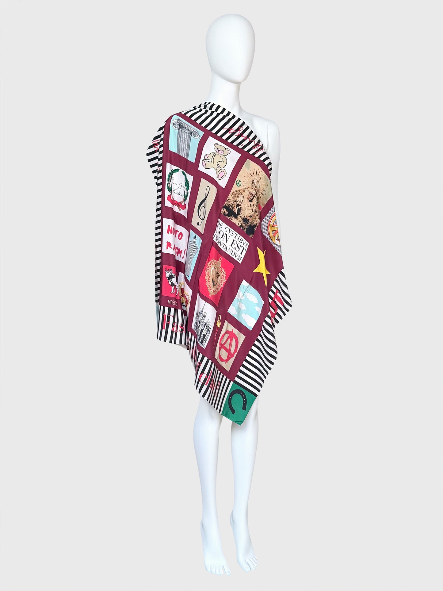 MOSCHINO 1990s Vintage Silk Scarf Insignia & Slogan Print 81x84 cm