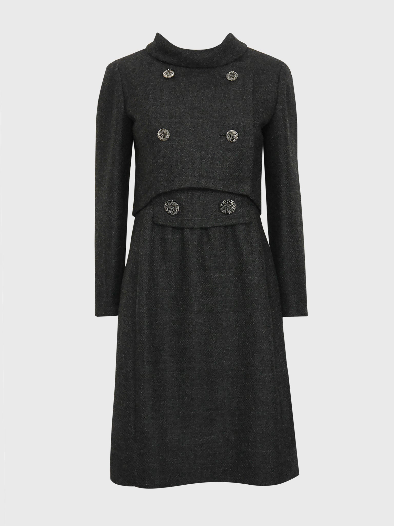 NINA RICCI c. 1960 Vintage Dress & Jacket Day Suit Grey Wool