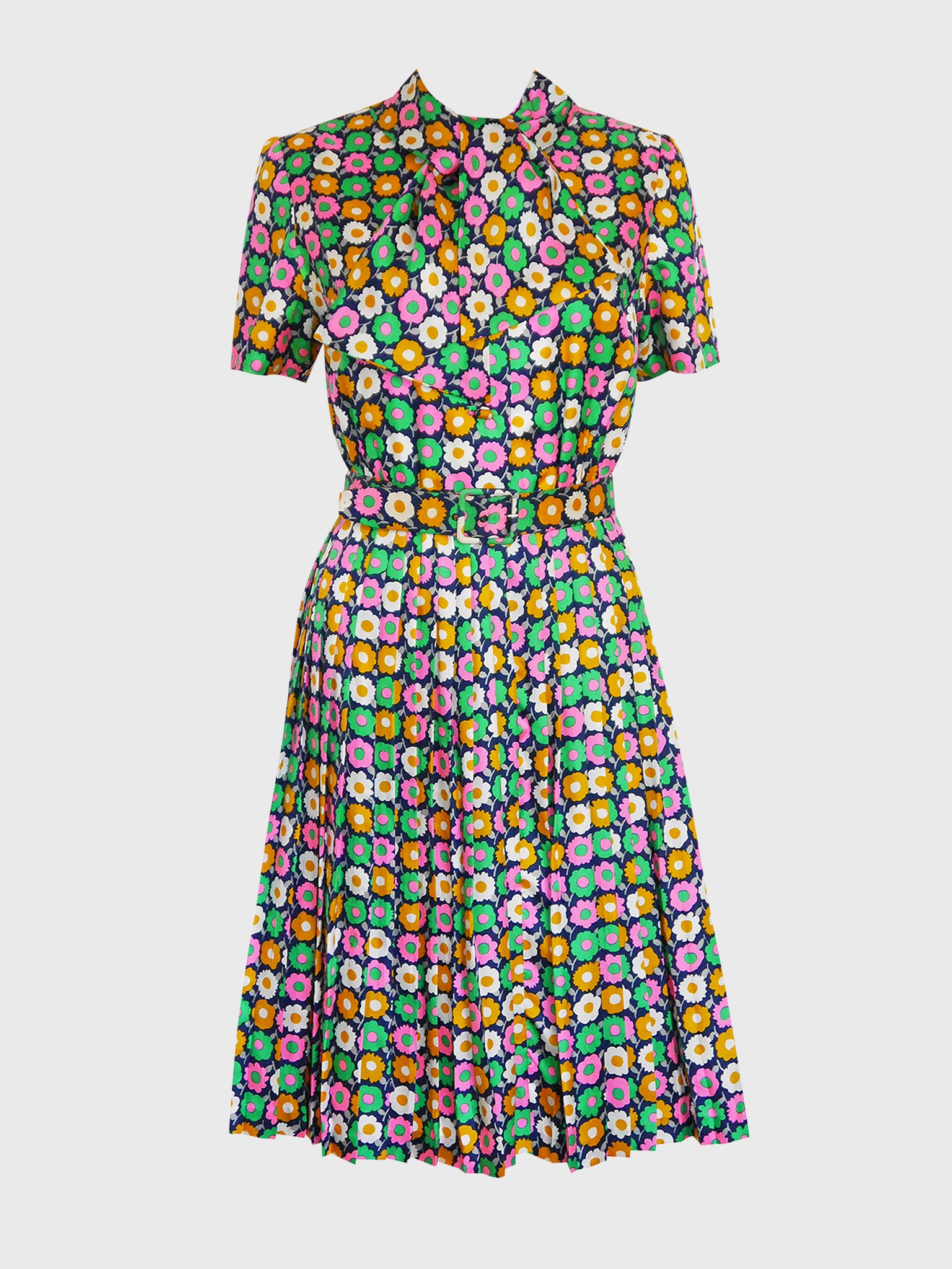 NINA RICCI Haute Couture 1970s Belted Graphic Print Silk Day Dress
