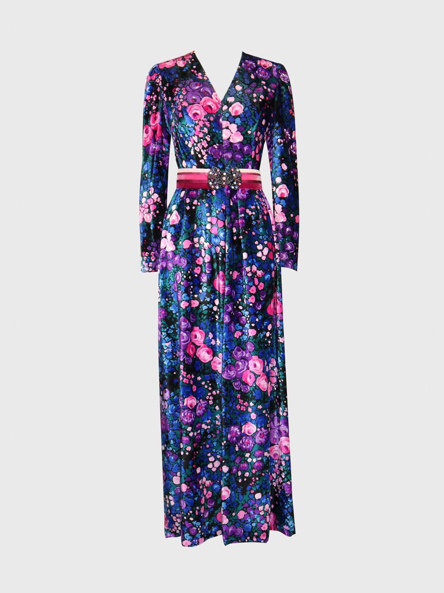 NINA RICCI 1960s 1970s Vintage Floral Silk Velvet Maxi Evening Dress Size S