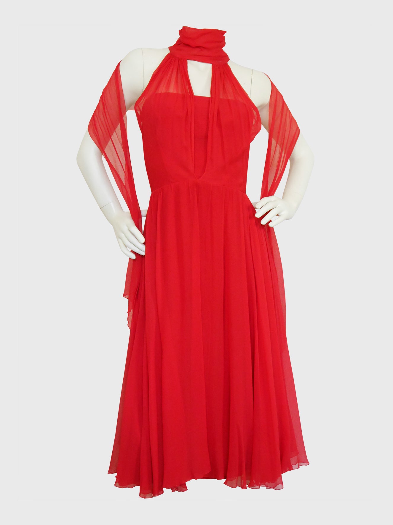 NINA RICCI Vintage Couture Red Silk Chiffon Evening Dress w/ Royal Provenance