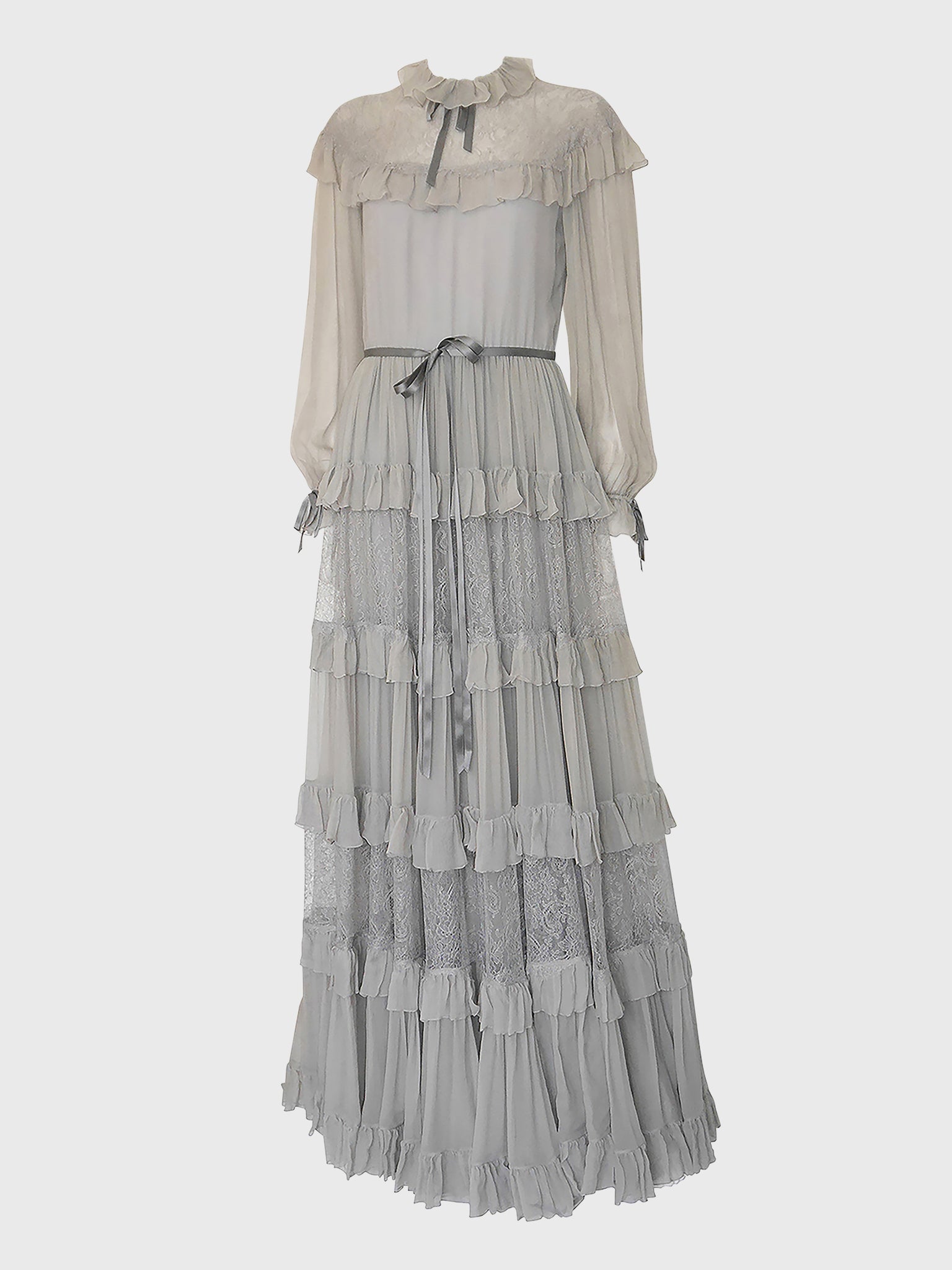 NINA RICCI 1970s Vintage Powder Grey Lace & Silk Chiffon Maxi Evening Gown