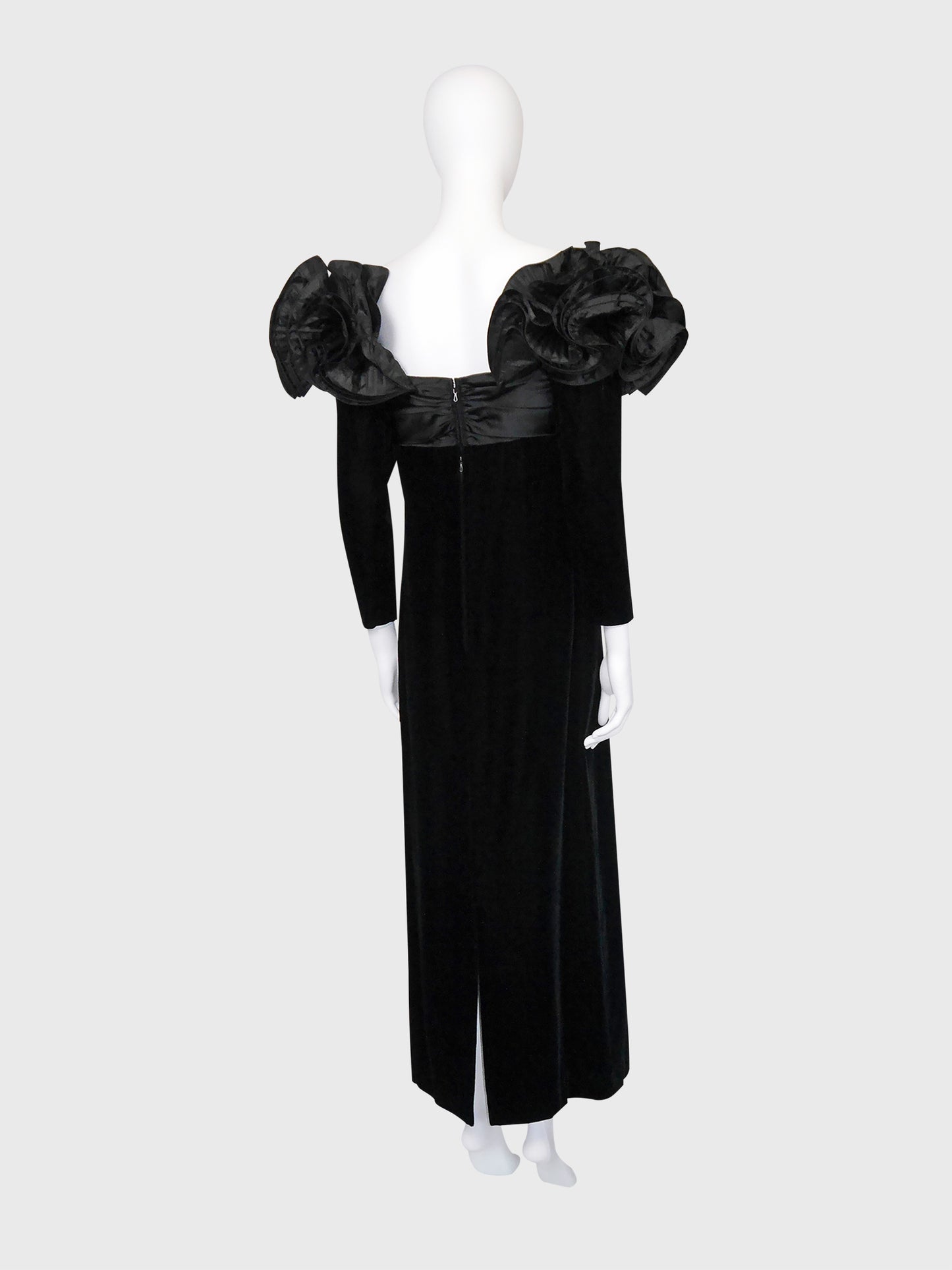 NINA RICCI 1980s Vintage Black Velvet & Silk Taffeta Maxi Evening Dress Gown Size S
