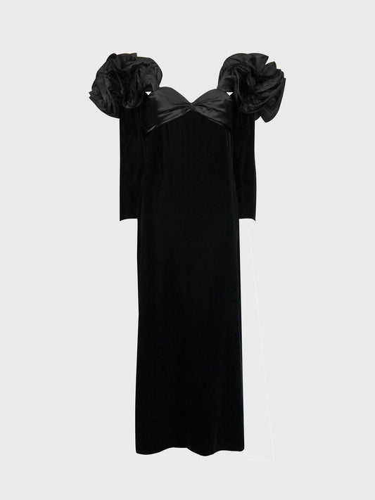 NINA RICCI 1980s Vintage Black Velvet & Silk Taffeta Maxi Evening Dress Gown Size S