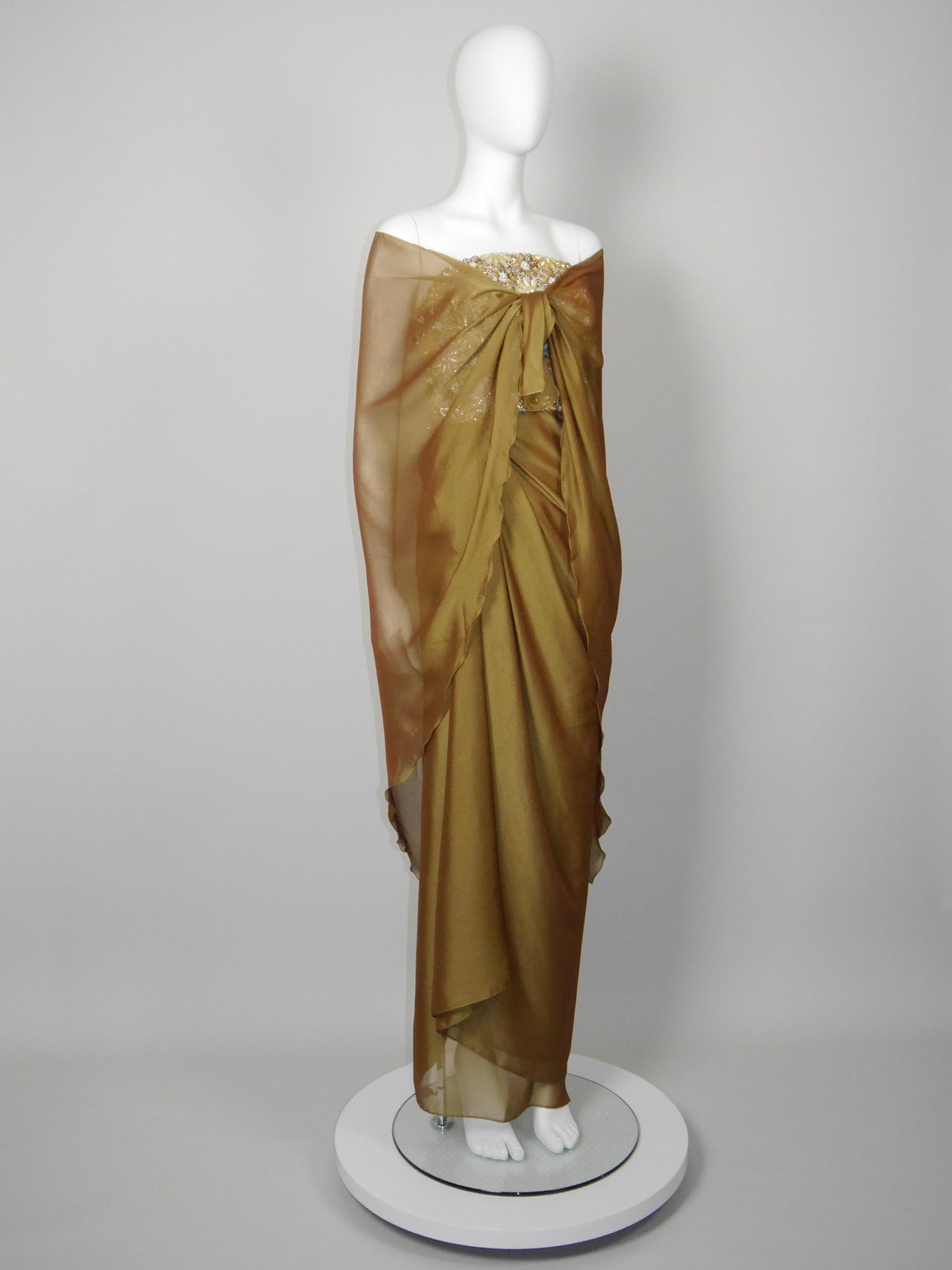 NINA RICCI 1990s Vintage Heavily Beaded Copper Gold Strapless Evening Gown w/ Stole