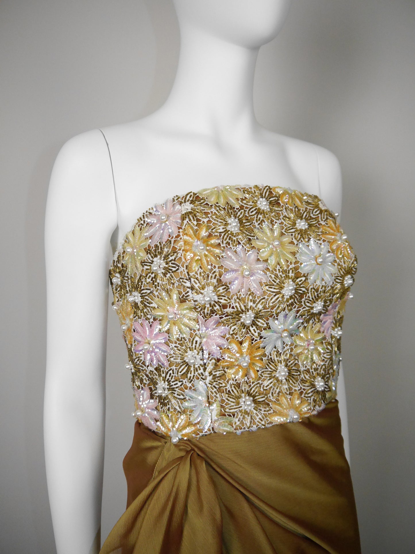 NINA RICCI 1990s Vintage Heavily Beaded Copper Gold Strapless Evening Gown w/ Stole