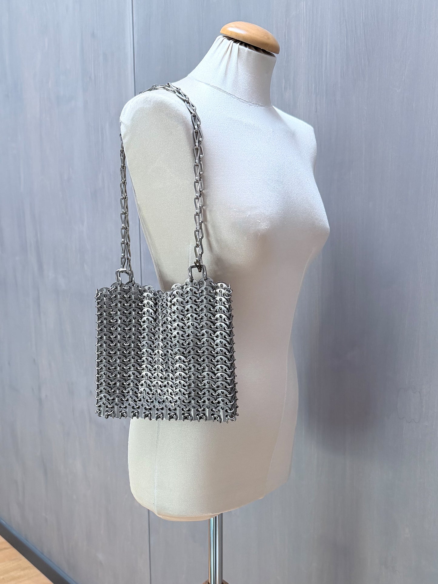 PACO RABANNE Vintage Silver 1969 Bag Evening Purse Metal Discs & Chain