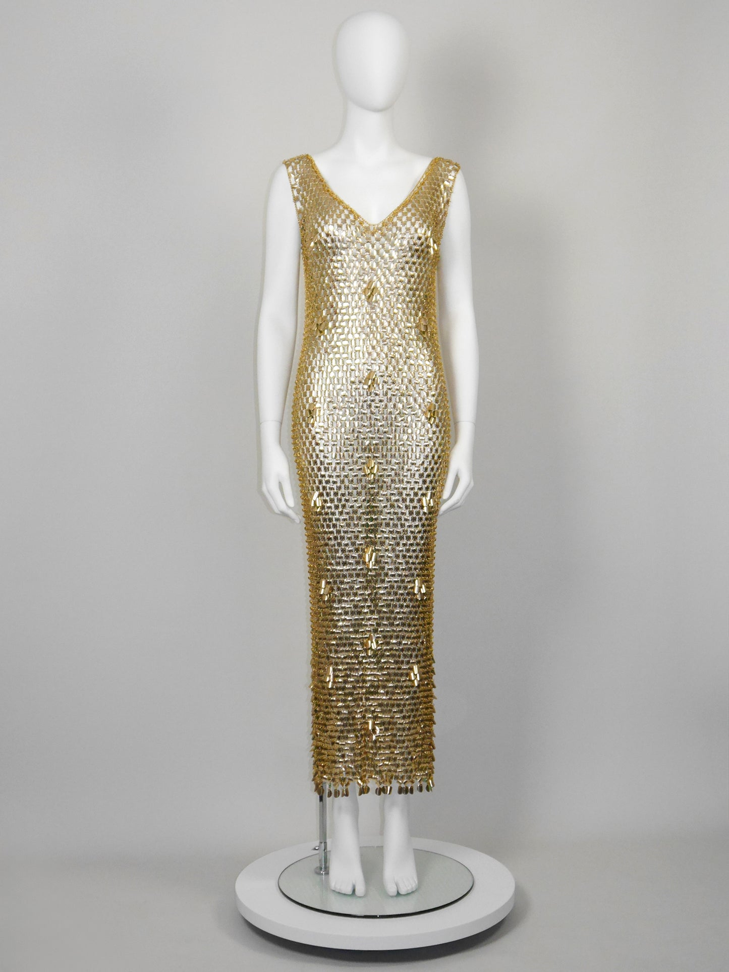PACO RABANNE 1970s Vintage Gold-Tone Chain Mail Maxi Dress Size S