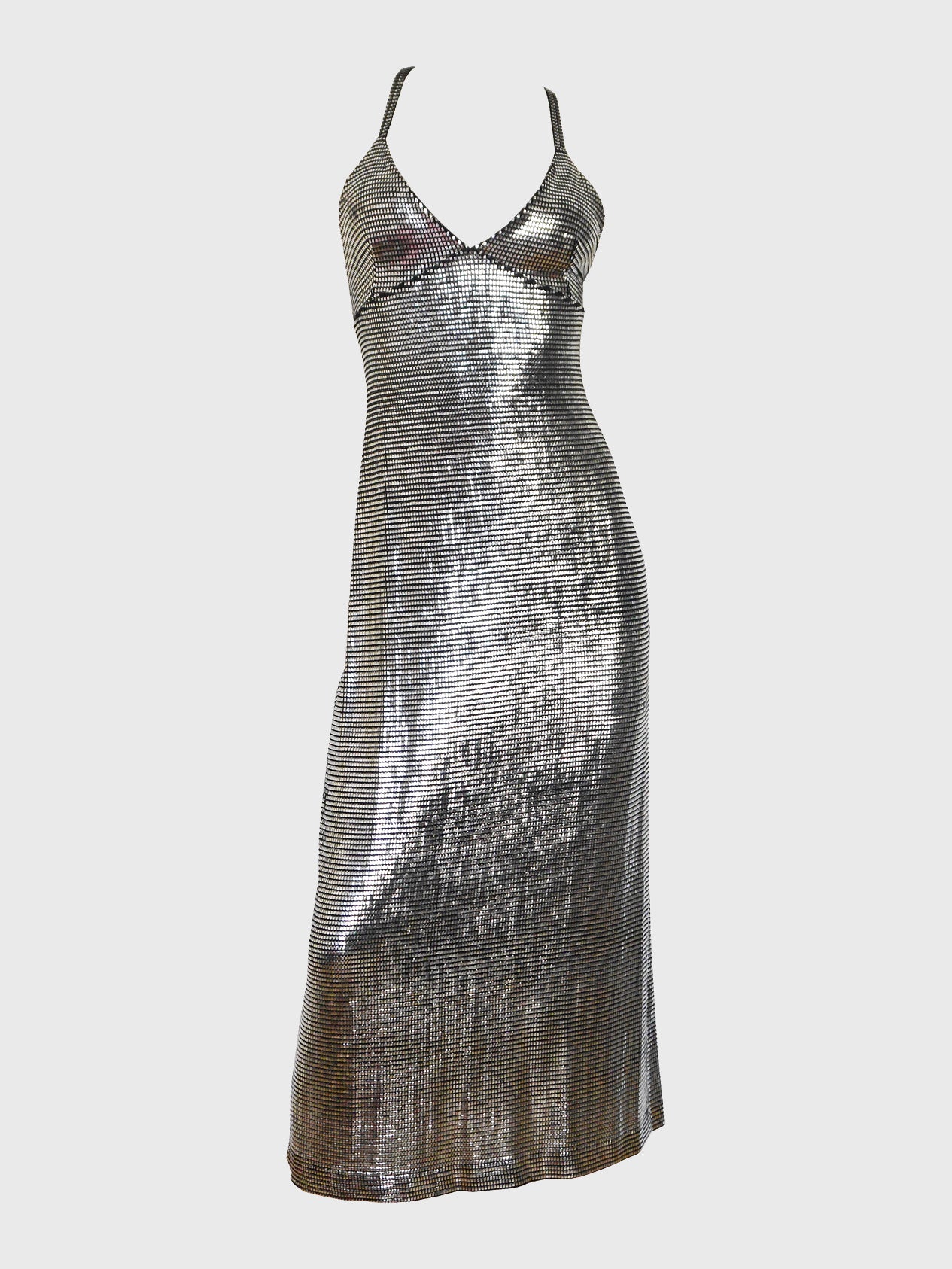 PACO RABANNE 1990s Vintage Liquid Silver Metallic Evening Dress