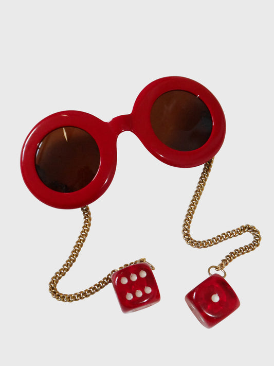 PATRICK KELLY 1980s Vintage Round Sunglasses w/ Chain Temples & Dice Pendants