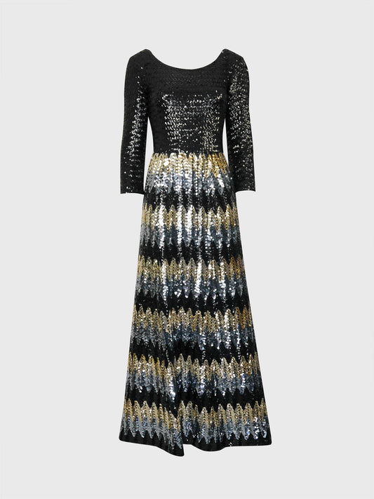 PAULETTE BURAUD 1970s Vintage Fully Sequined Maxi Evening Dress Size S