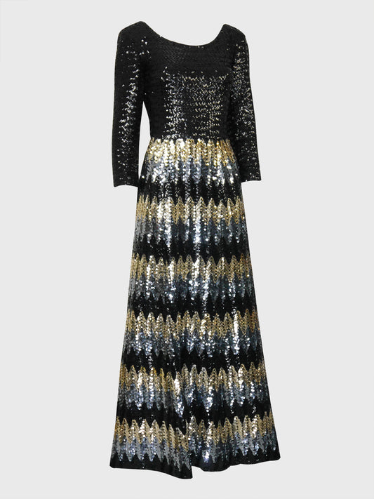 PAULETTE BURAUD 1970s Vintage Fully Sequined Maxi Evening Dress Size S