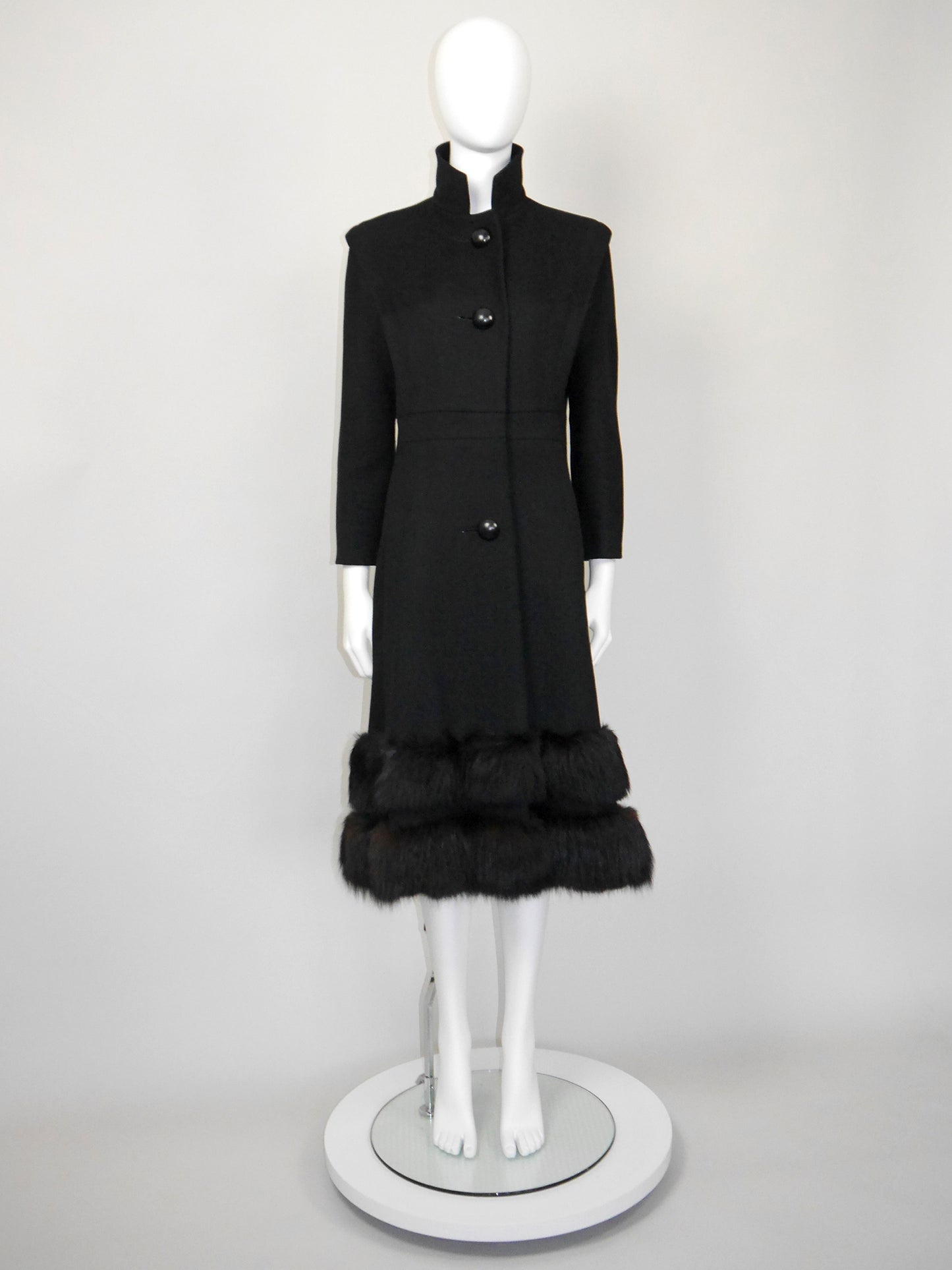 PIERRE CARDIN 1960s 1970s Vintage Black Wool Coat w/ Fox Fur Size XS-S
