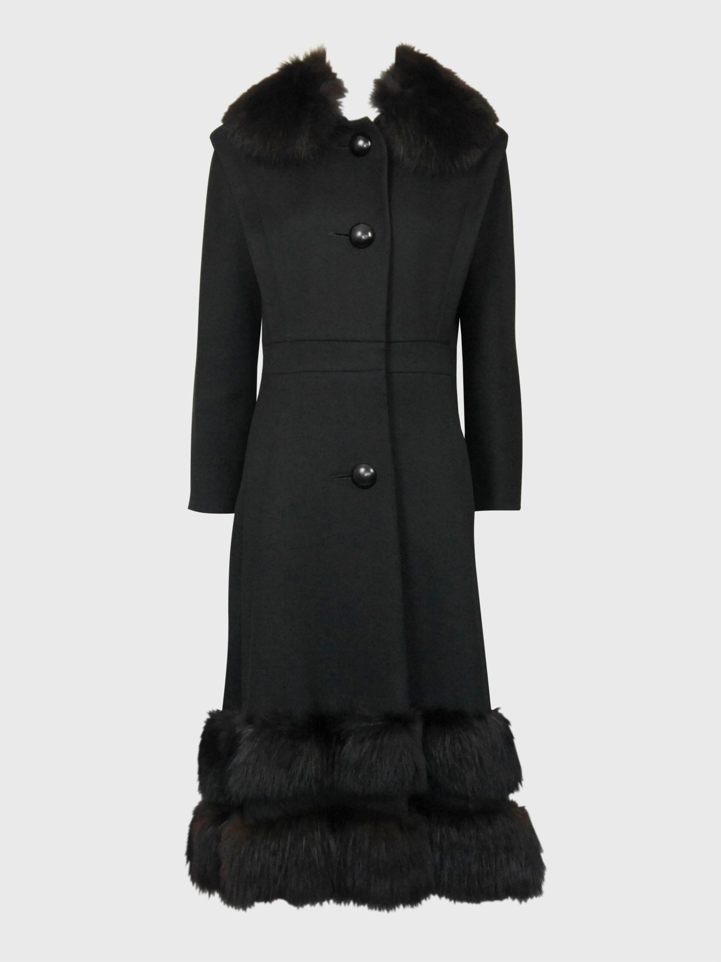 PIERRE CARDIN 1960s 1970s Vintage Black Wool Coat w/ Fox Fur Size XS-S
