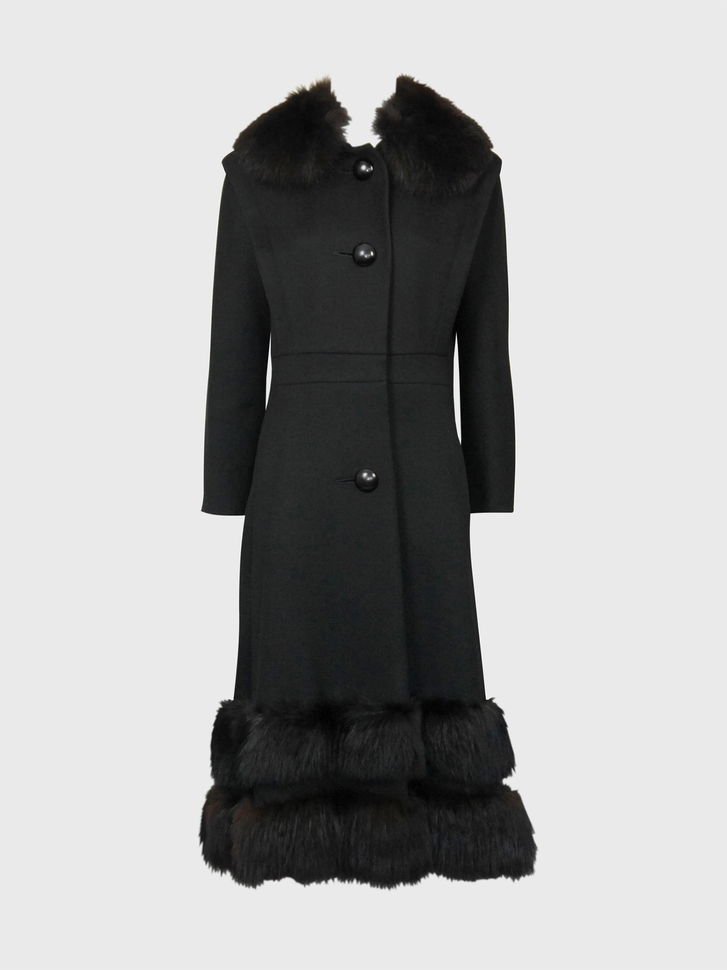 PIERRE CARDIN 1960s 1970s Vintage Black Wool Coat w/ Fox Fur Size XS-S