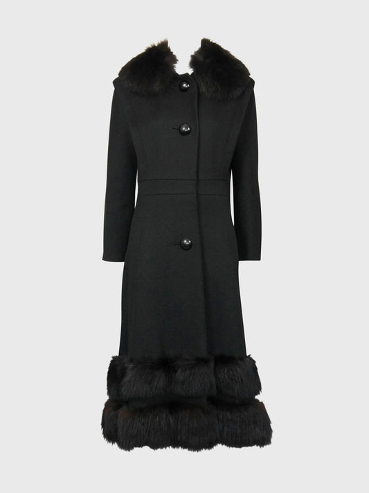 PIERRE CARDIN 1960s 1970s Vintage Black Wool Coat w/ Fox Fur Size XS-S