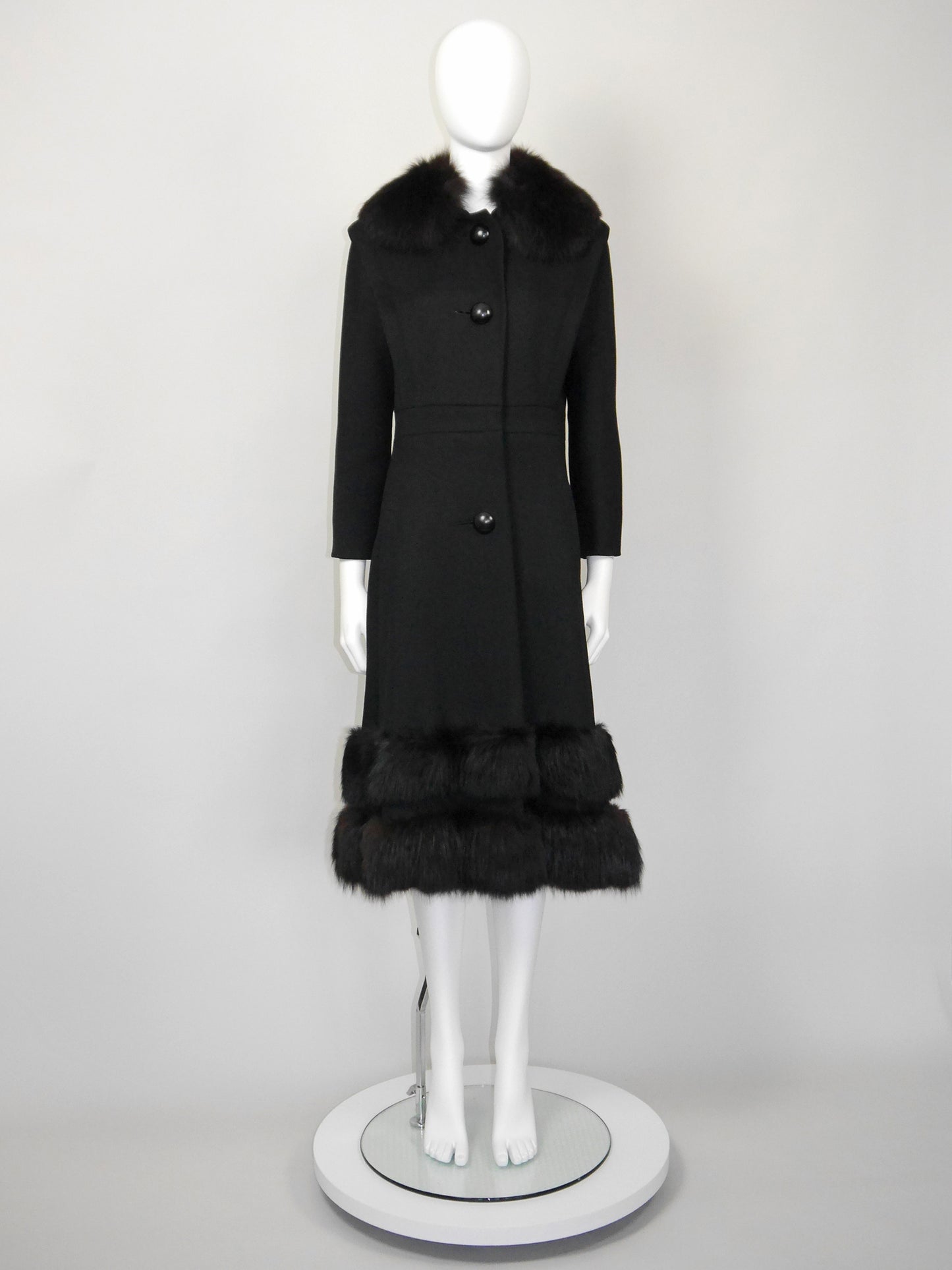 PIERRE CARDIN 1960s 1970s Vintage Black Wool Coat w/ Fox Fur Size XS-S