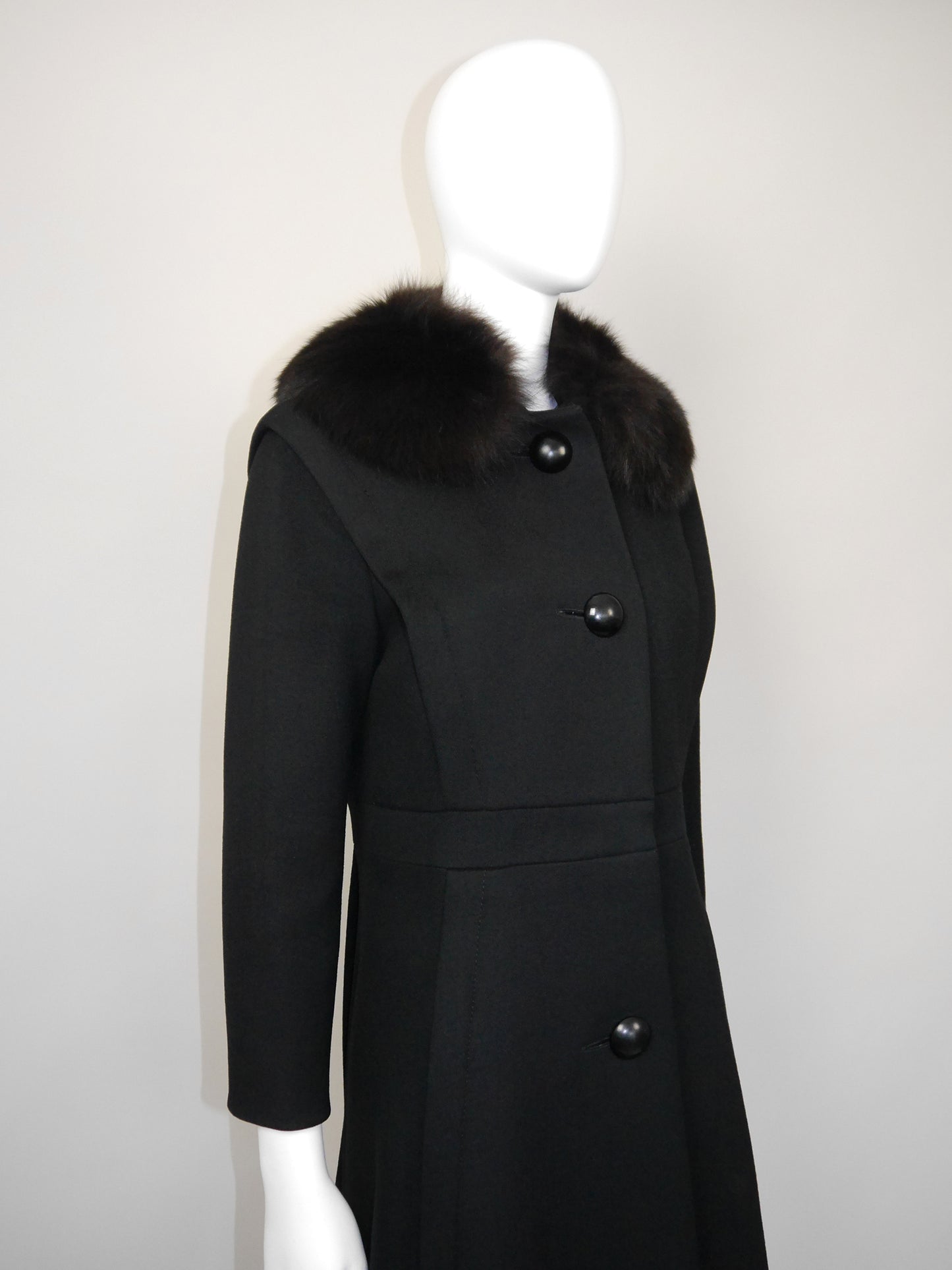 PIERRE CARDIN 1960s 1970s Vintage Black Wool Coat w/ Fox Fur Size XS-S