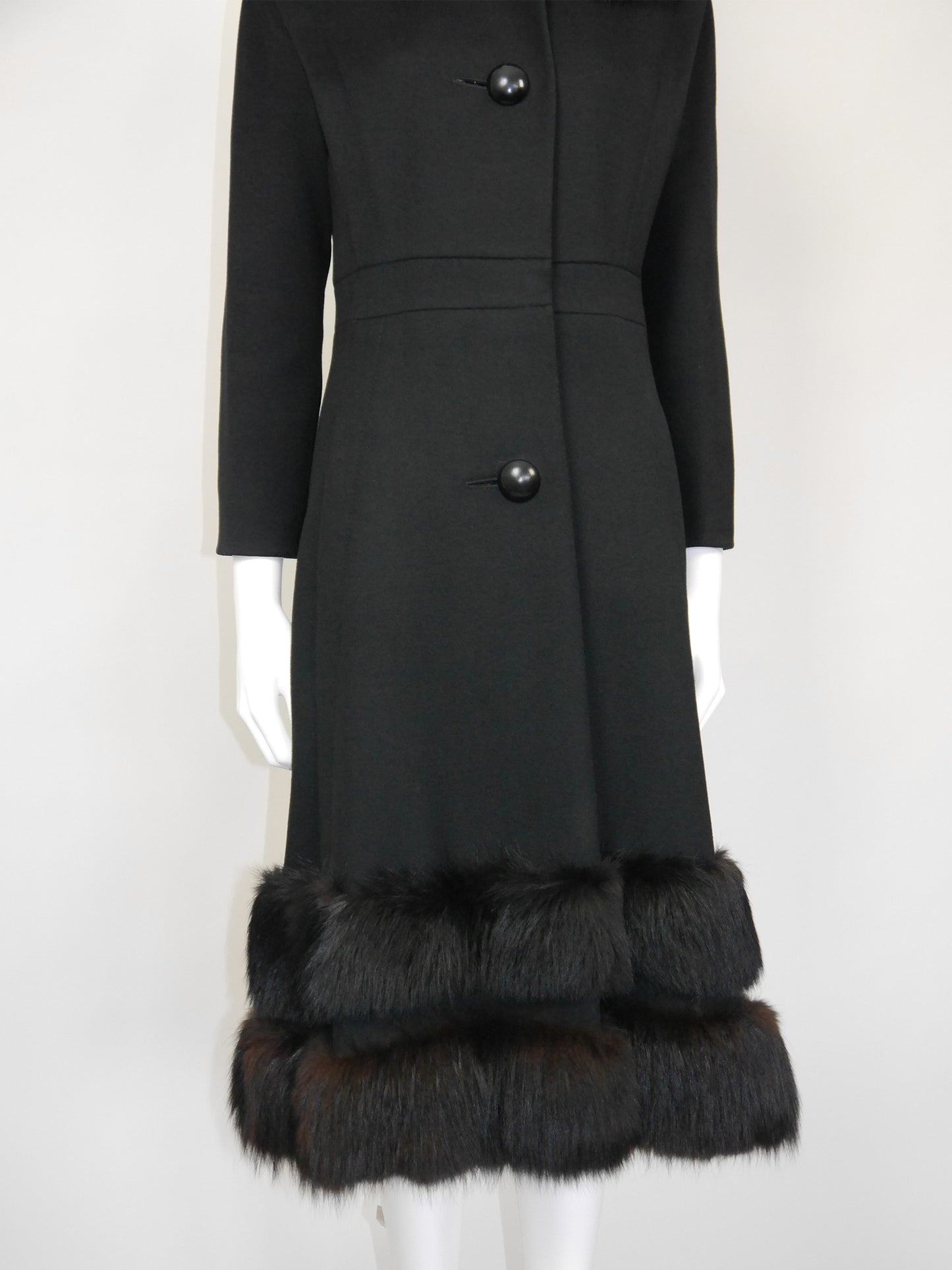 PIERRE CARDIN 1960s 1970s Vintage Black Wool Coat w/ Fox Fur Size XS-S
