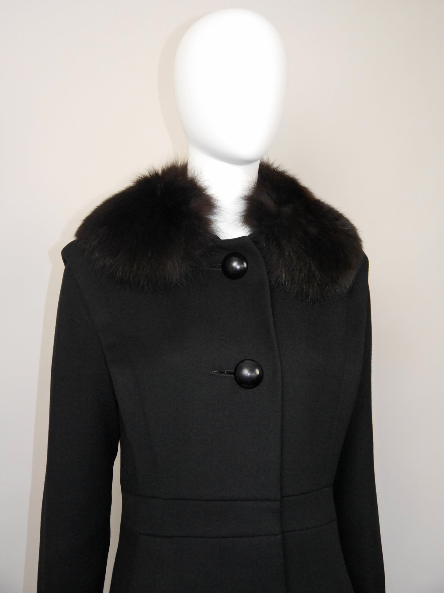 PIERRE CARDIN 1960s 1970s Vintage Black Wool Coat w/ Fox Fur Size XS-S