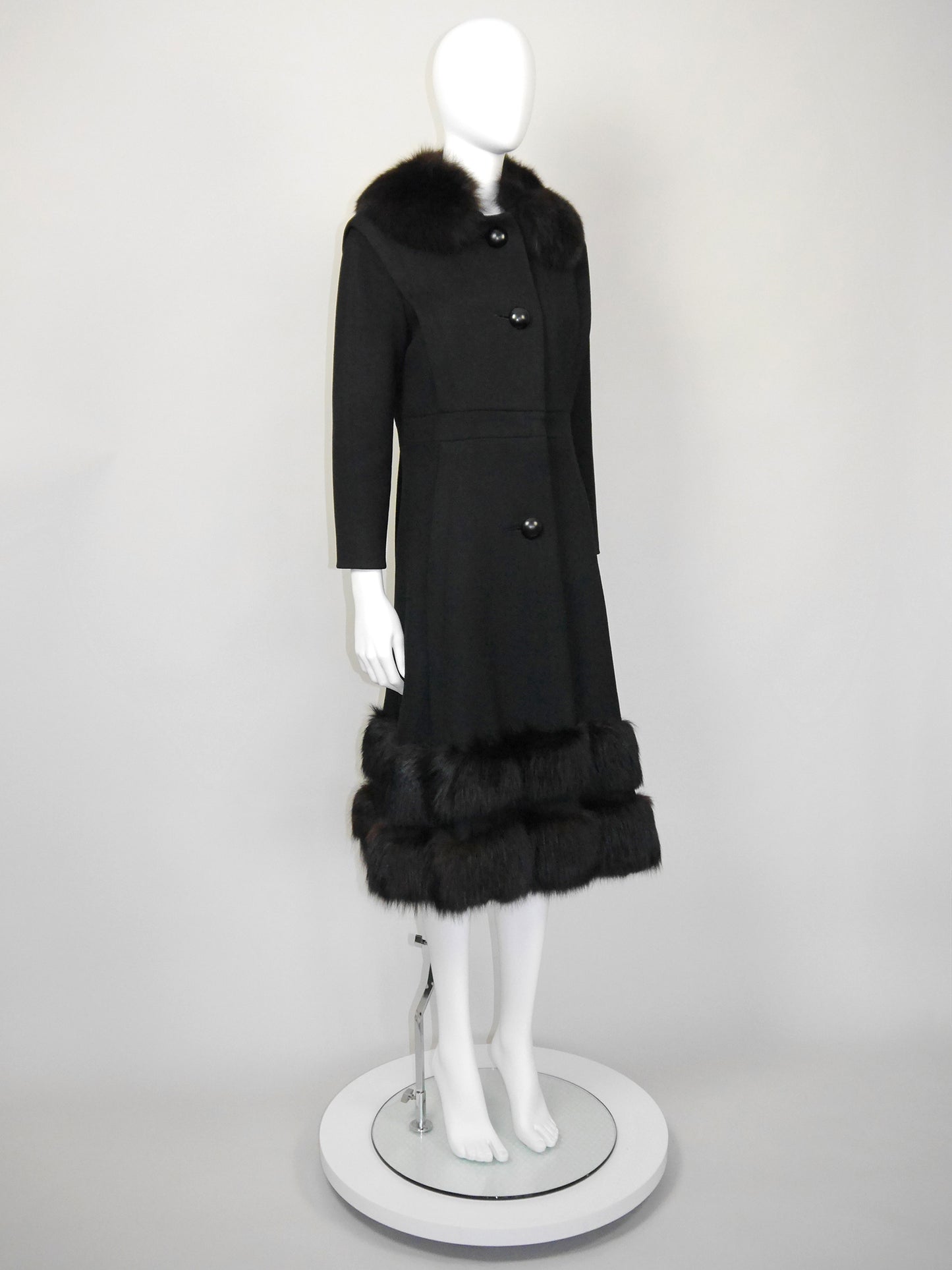 PIERRE CARDIN 1960s 1970s Vintage Black Wool Coat w/ Fox Fur Size XS-S