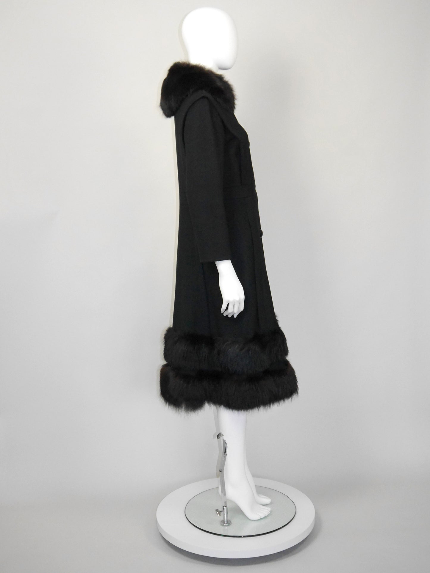 PIERRE CARDIN 1960s 1970s Vintage Black Wool Coat w/ Fox Fur Size XS-S