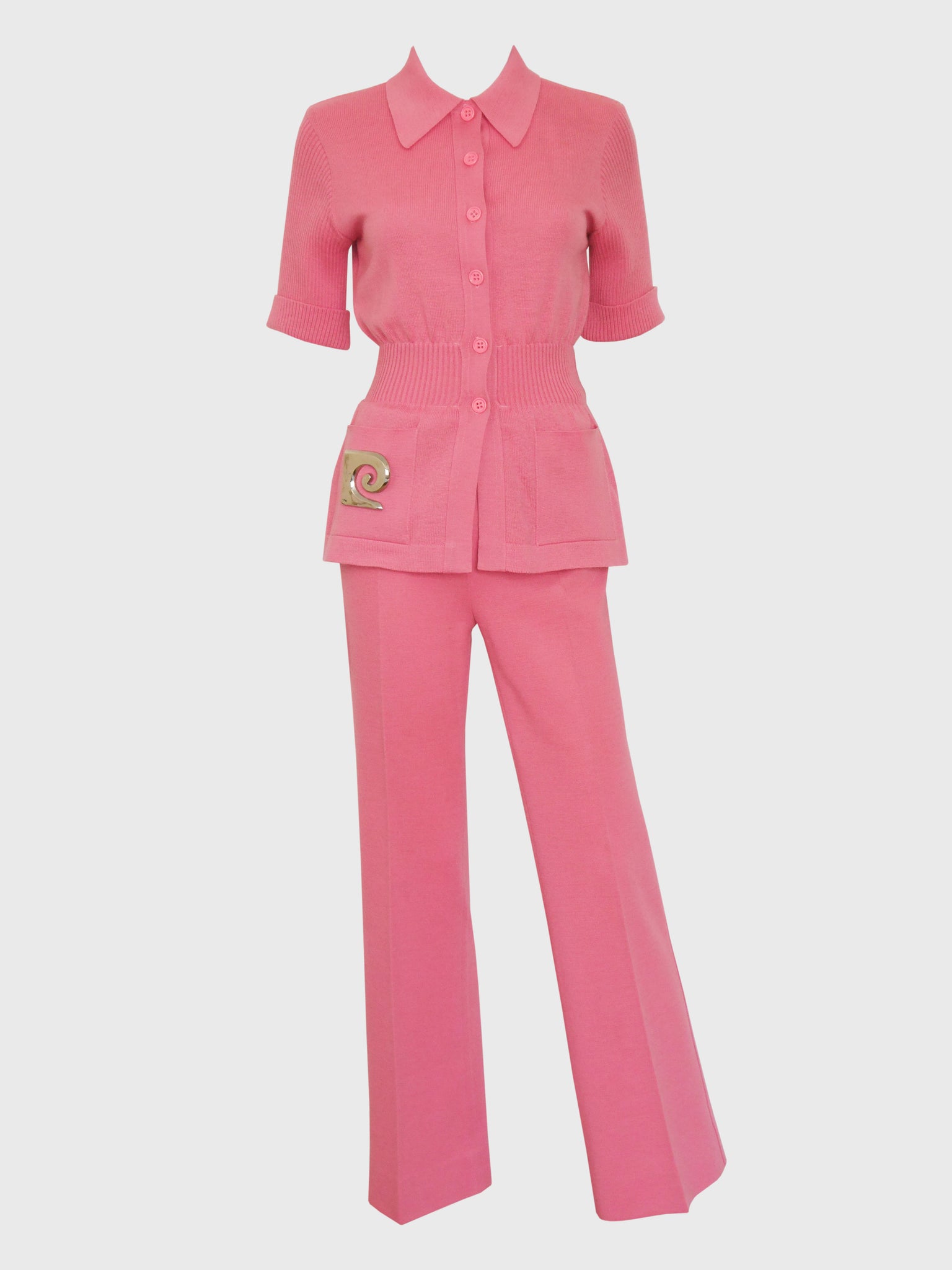 PIERRE CARDIN 1970s Vintage Pink Knit Jersey Suit Pants & Jacket
