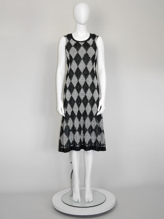 PLEATS PLEASE by Issey Miyake 2000s Vintage Fuzzy Midi Dress Diamond Pattern Size S-M