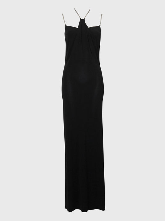 PLEIN SUD 1990s 2000s Vintage Black Minimalist Maxi Evening Dress w/ Metal Straps Size S