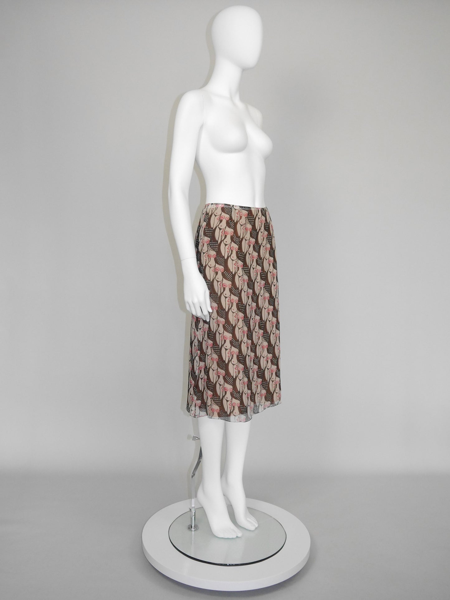 PRADA 2001 Vintage "Naked Lady" Print Silk Midi Skirt Size XS