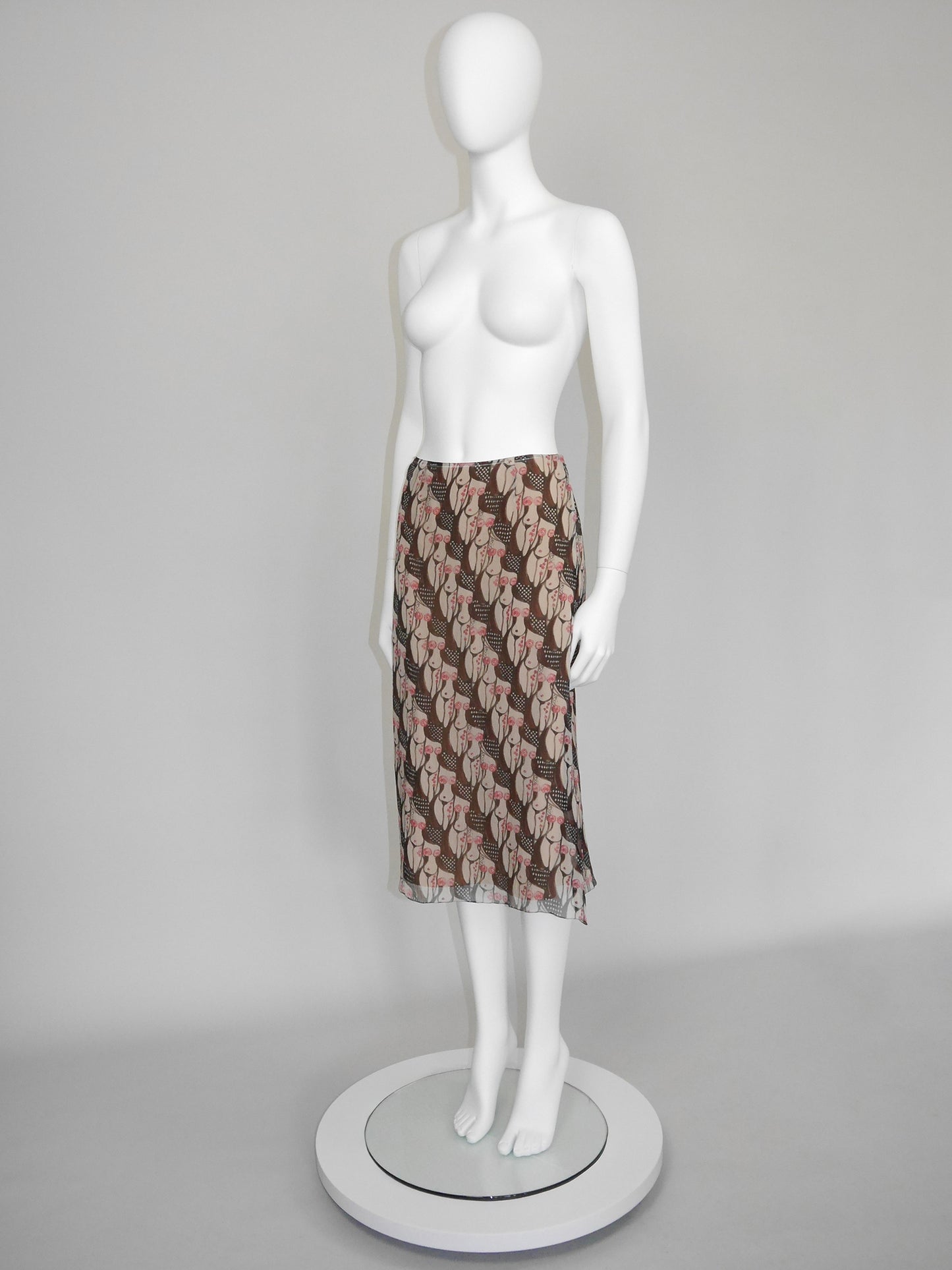PRADA 2001 Vintage "Naked Lady" Print Silk Midi Skirt Size XS