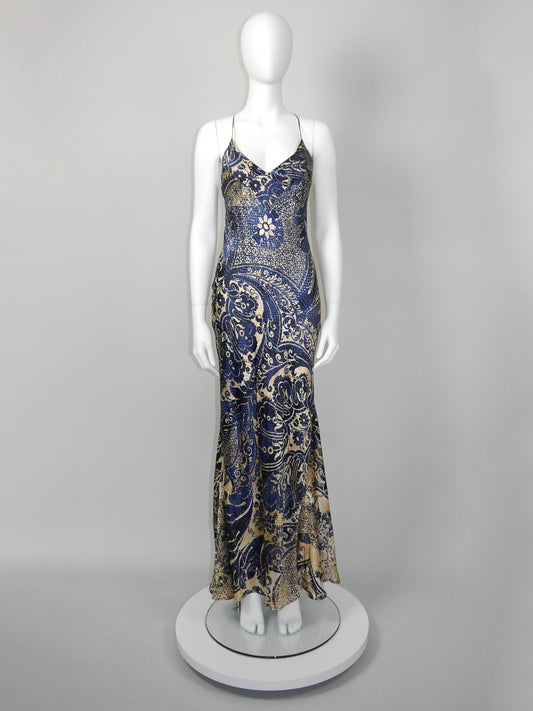 ROBERTO CAVALLI c. 2005 Vintage Ornamental Print Silk Maxi Gown