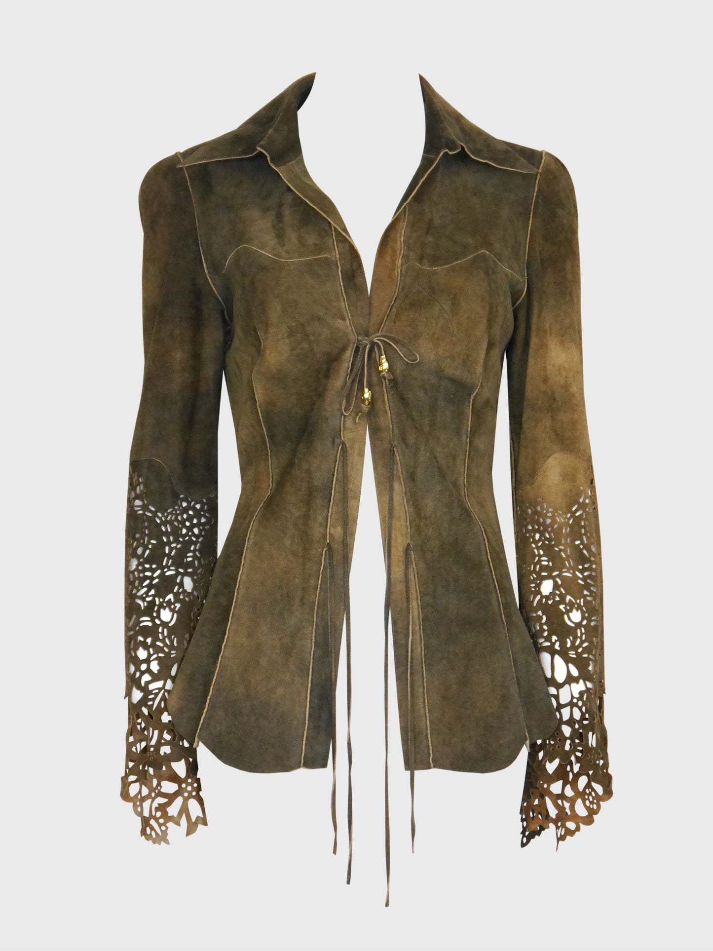 ROBERTO CAVALLI Fall 1999 Vintage Suede Leather Jacket Laser-Cut Sleeves Size S