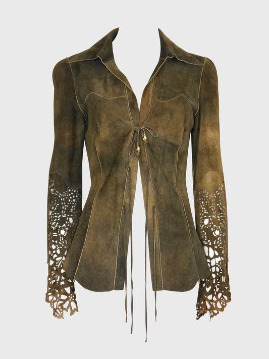 ROBERTO CAVALLI Fall 1999 Vintage Suede Leather Jacket Laser-Cut Sleeves Size S