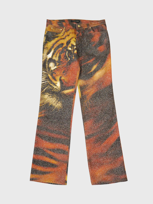 ROBERTO CAVALLI Fall 2000 Vintage Tiger Print Denim Pants w/ Glitter Size L