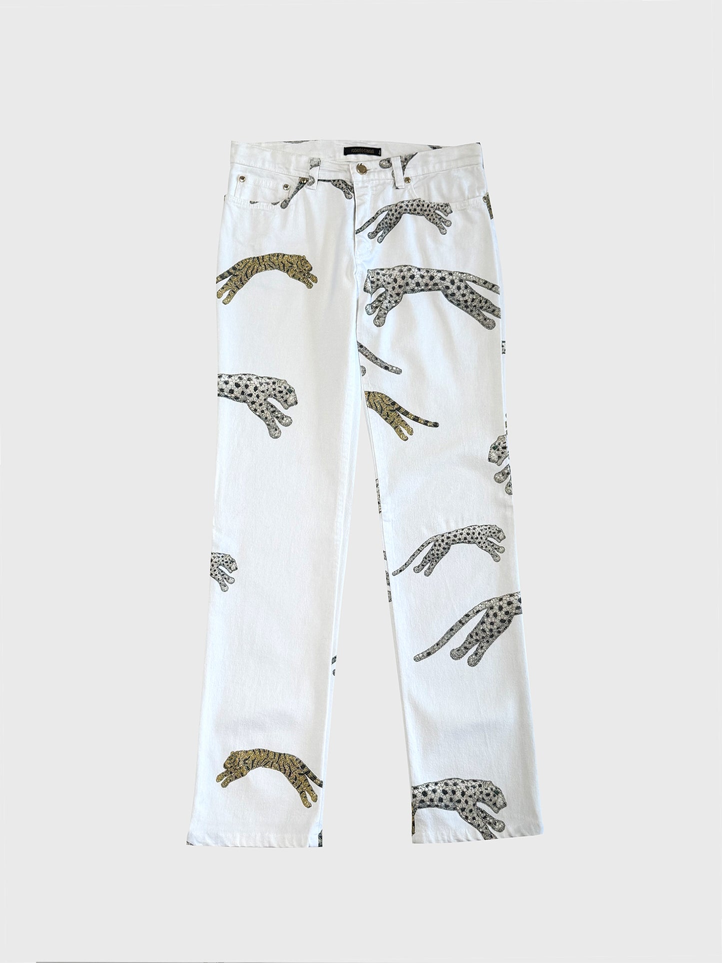 ROBERTO CAVALLI Fall 2002 Vintage White Denim Pants Jeans w/ Tiger Print Size S