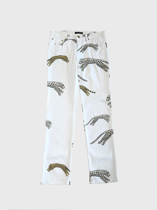 ROBERTO CAVALLI Fall 2002 Vintage White Denim Pants Jeans w/ Wildcat Print Size S