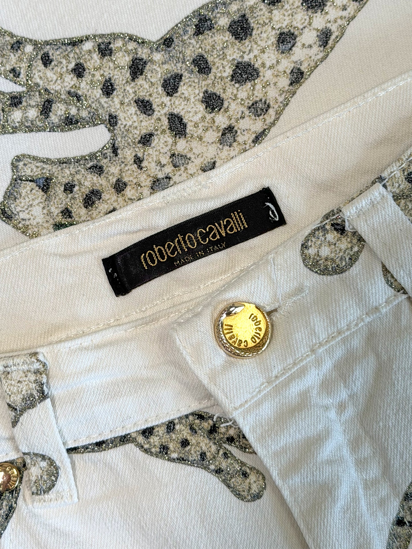 ROBERTO CAVALLI Fall 2002 Vintage White Denim Pants Jeans w/ Tiger Print Size S