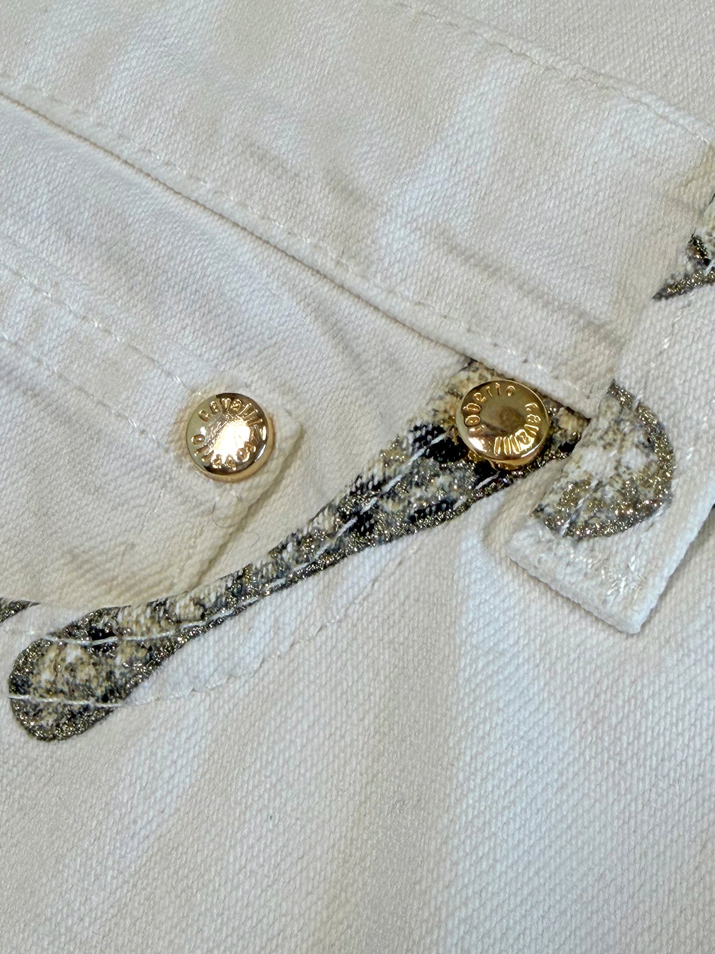 ROBERTO CAVALLI Fall 2002 Vintage White Denim Pants Jeans w/ Tiger Print Size S