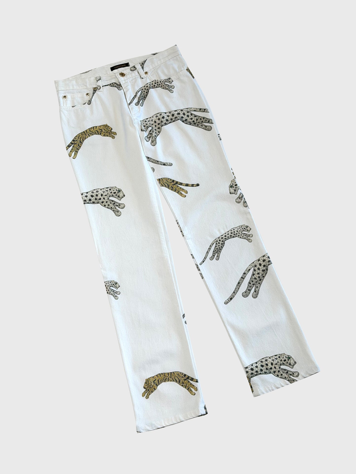 ROBERTO CAVALLI Fall 2002 Vintage White Denim Pants Jeans w/ Tiger Print Size S