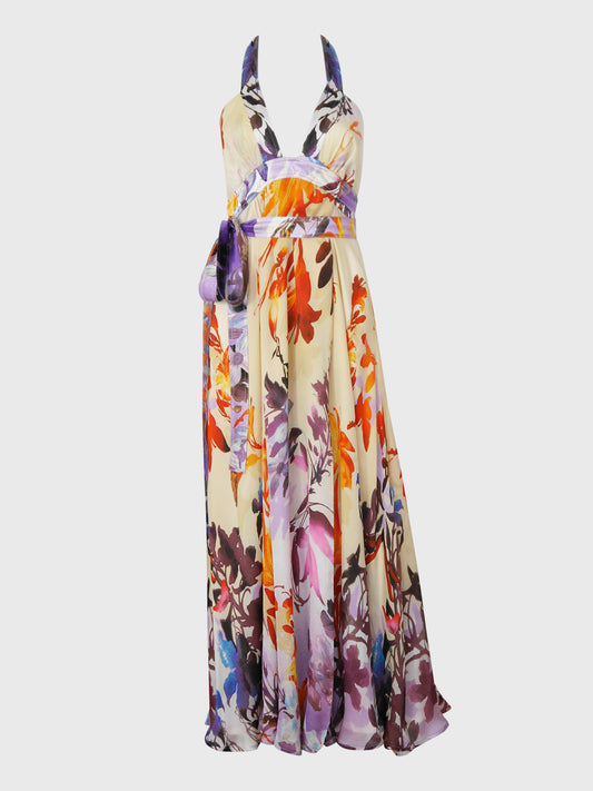 ROBERTO CAVALLI 2006 Vintage Floral Silk Halterneck Maxi Evening Gown Size L