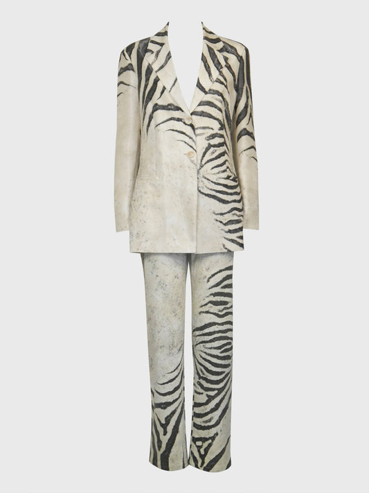 ROBERTO CAVALLI Spring 1999 Vintage Zebra Print Silk Jacket & Denim Pants Suit Size M