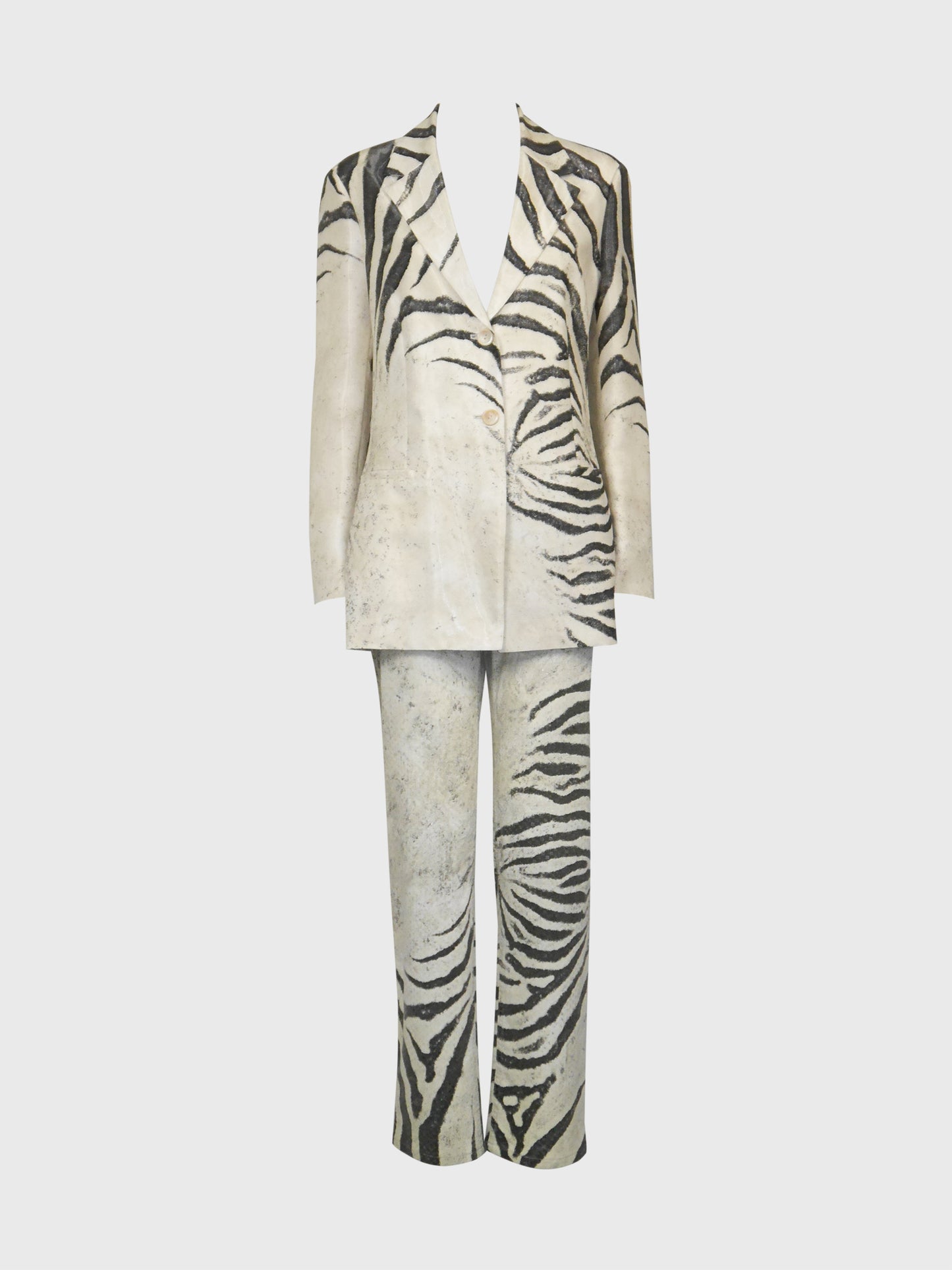 ROBERTO CAVALLI Spring 1999 Vintage Zebra Print Silk Jacket & Denim Pants Suit Size M