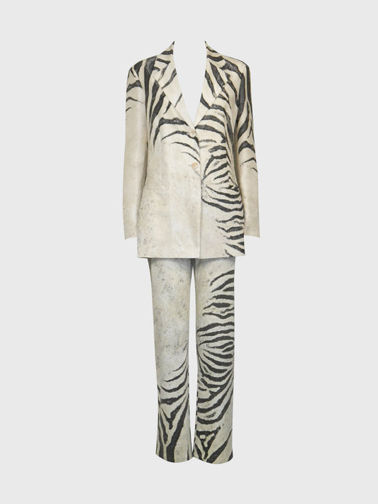 ROBERTO CAVALLI Spring 1999 Vintage Zebra Print Silk Jacket & Denim Pants Suit Size M
