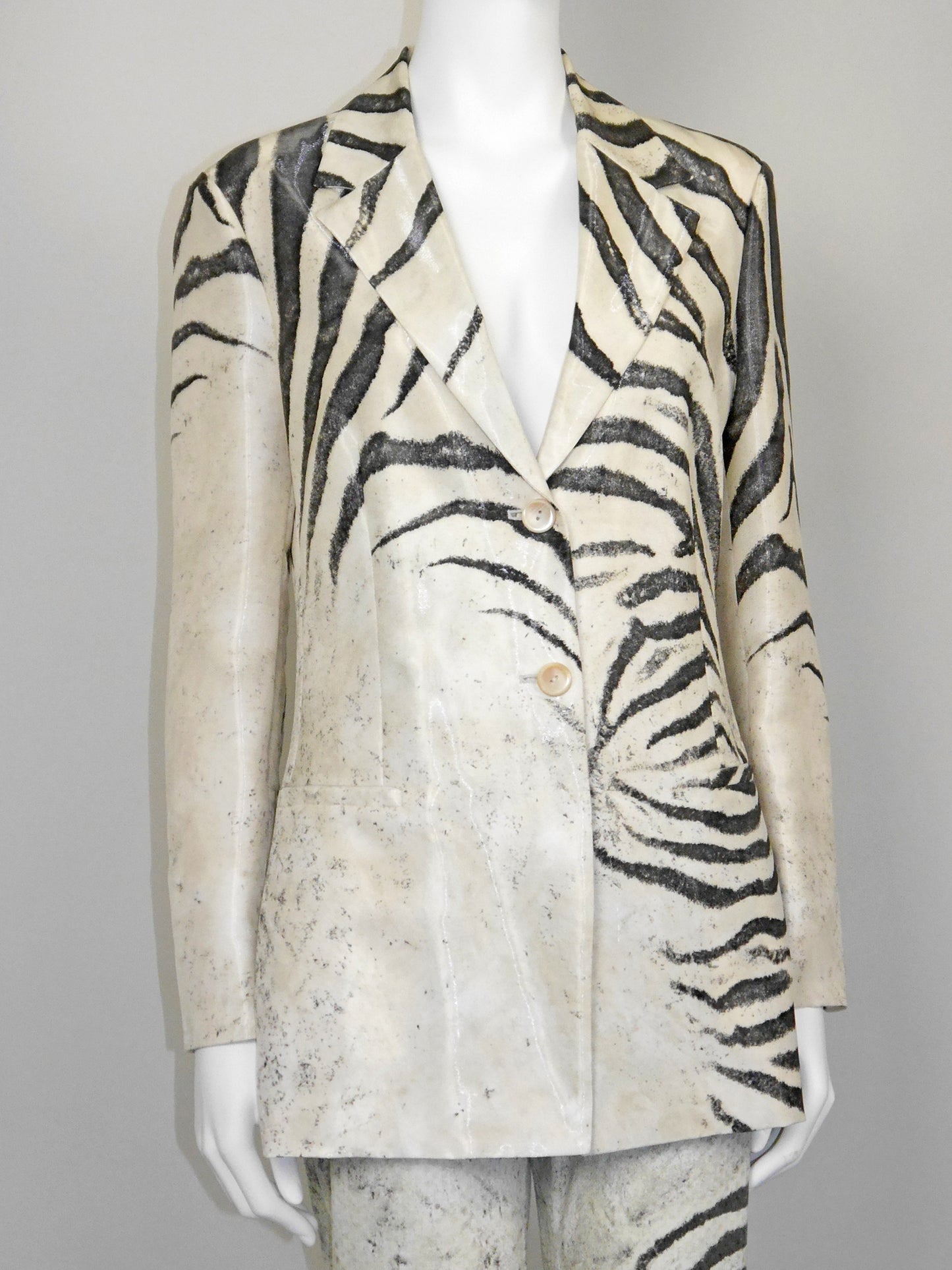 ROBERTO CAVALLI Spring 1999 Vintage Zebra Print Silk Jacket & Denim Pants Suit Size M
