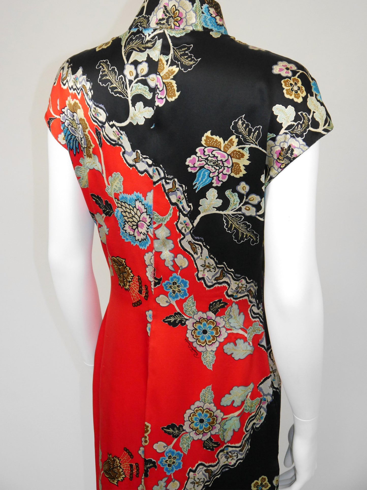 ROBERTO CAVALLI Spring 2003 Vintage Floral Asian Cheongsam Silk Dress Size M