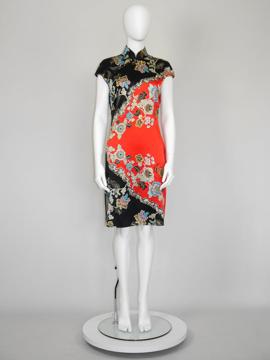 ROBERTO CAVALLI Spring 2003 Vintage Floral Asian Cheongsam Silk Dress Size M