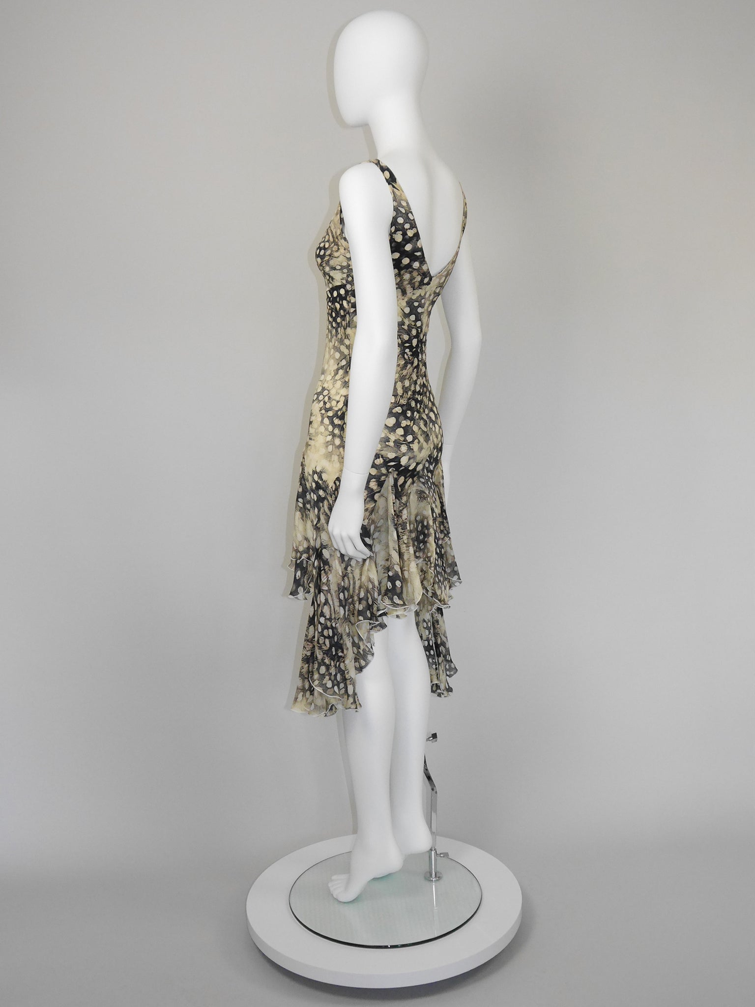 ROBERTO CAVALLI Spring 2004 Vintage Ruffled Feather Print Silk Dress Size S
