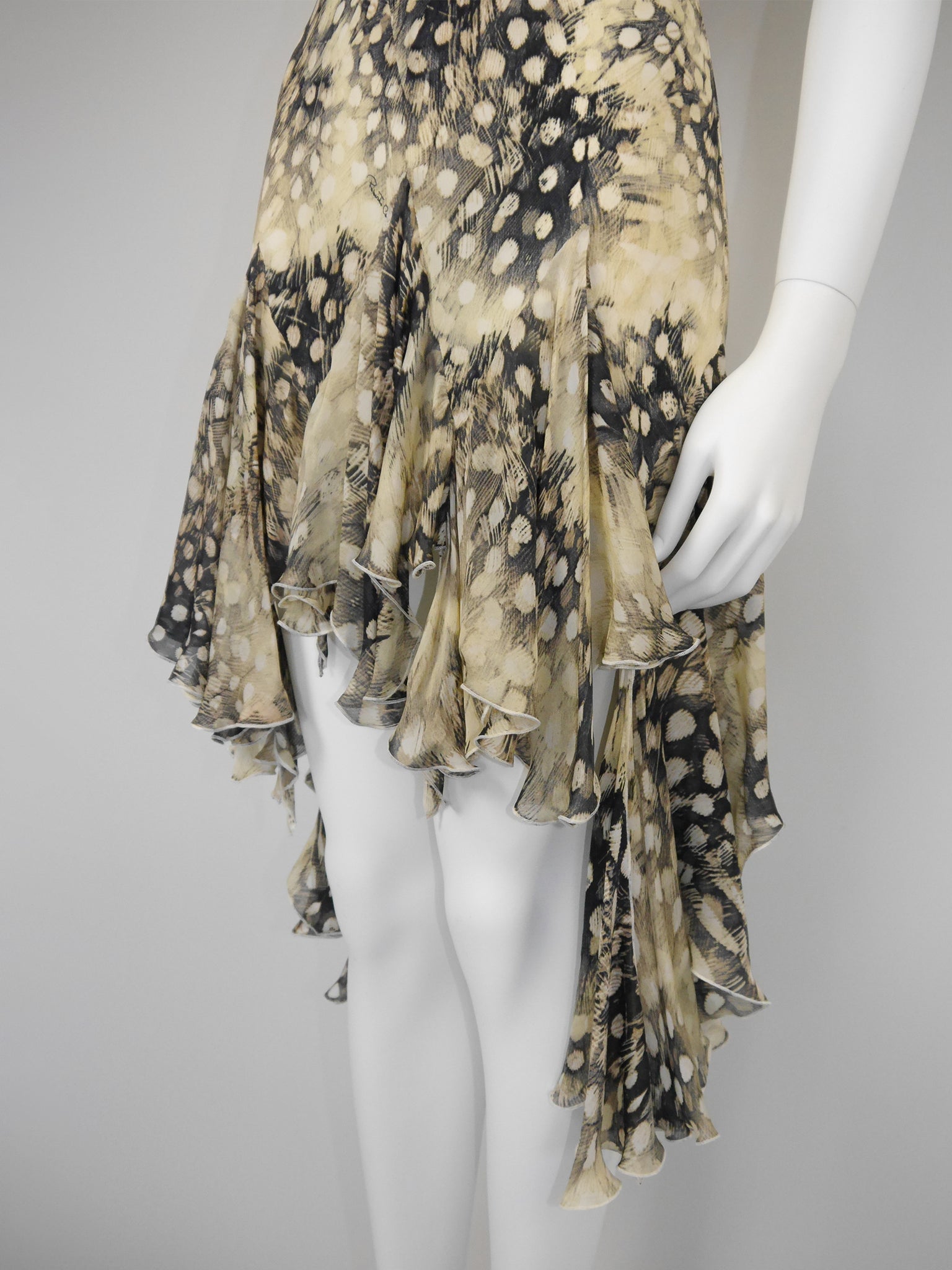 ROBERTO CAVALLI Spring 2004 Vintage Ruffled Feather Print Silk Dress Size S